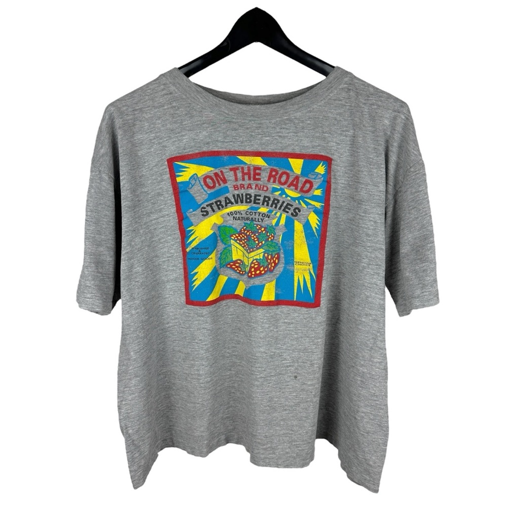 Vintage 90s On The Road Brand Strawberries Boxy Fruit Grey Shirt Size L